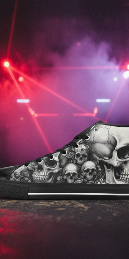 Women's Grey Skull & Moon Dark Gothic hand-made high-top canvas shoes — unique wearable art by Freaky Shoes