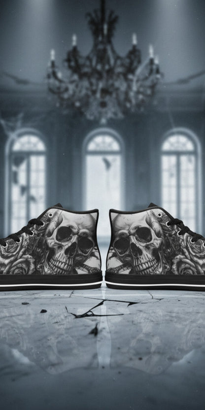 Custom Women's Dark Skull Art Gothic high-top canvas shoes with bold all-over art — Freaky Shoes