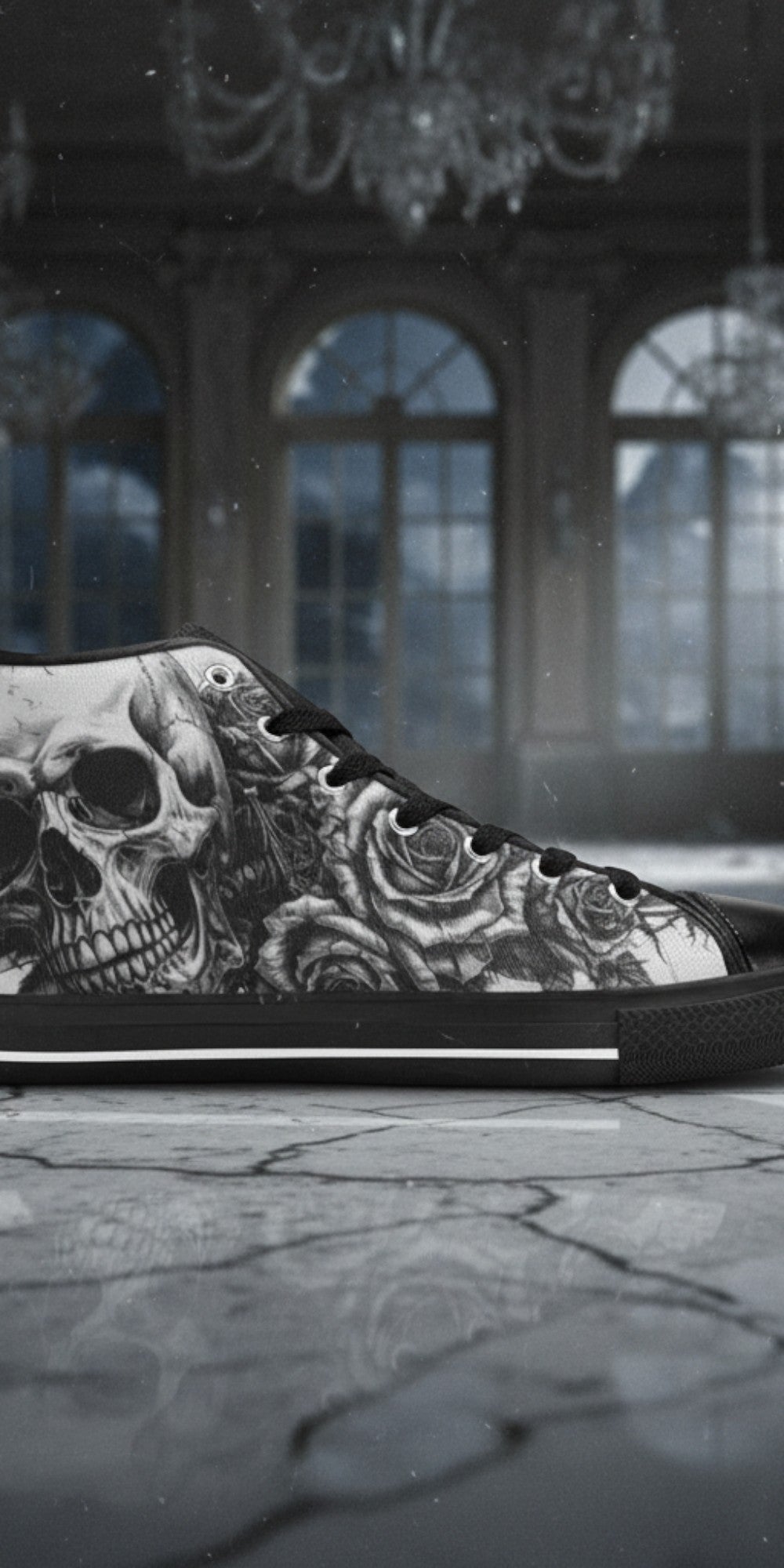 Women's Dark Skull Art Gothic hand-made high-top canvas shoes — unique wearable art by Freaky Shoes