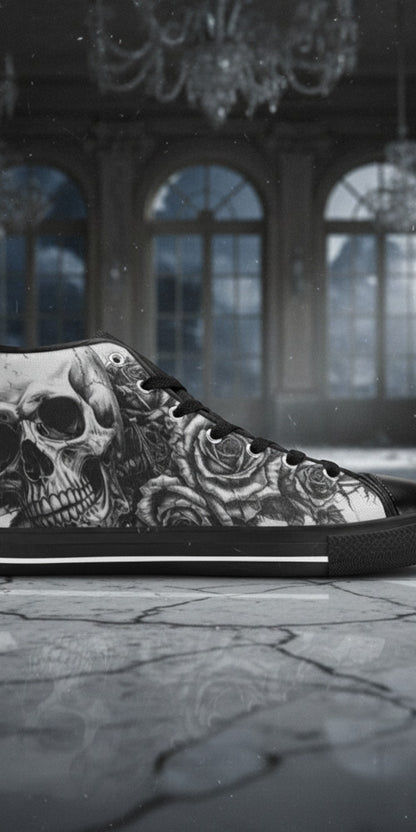 Women's Dark Skull Art Gothic hand-made high-top canvas shoes — unique wearable art by Freaky Shoes
