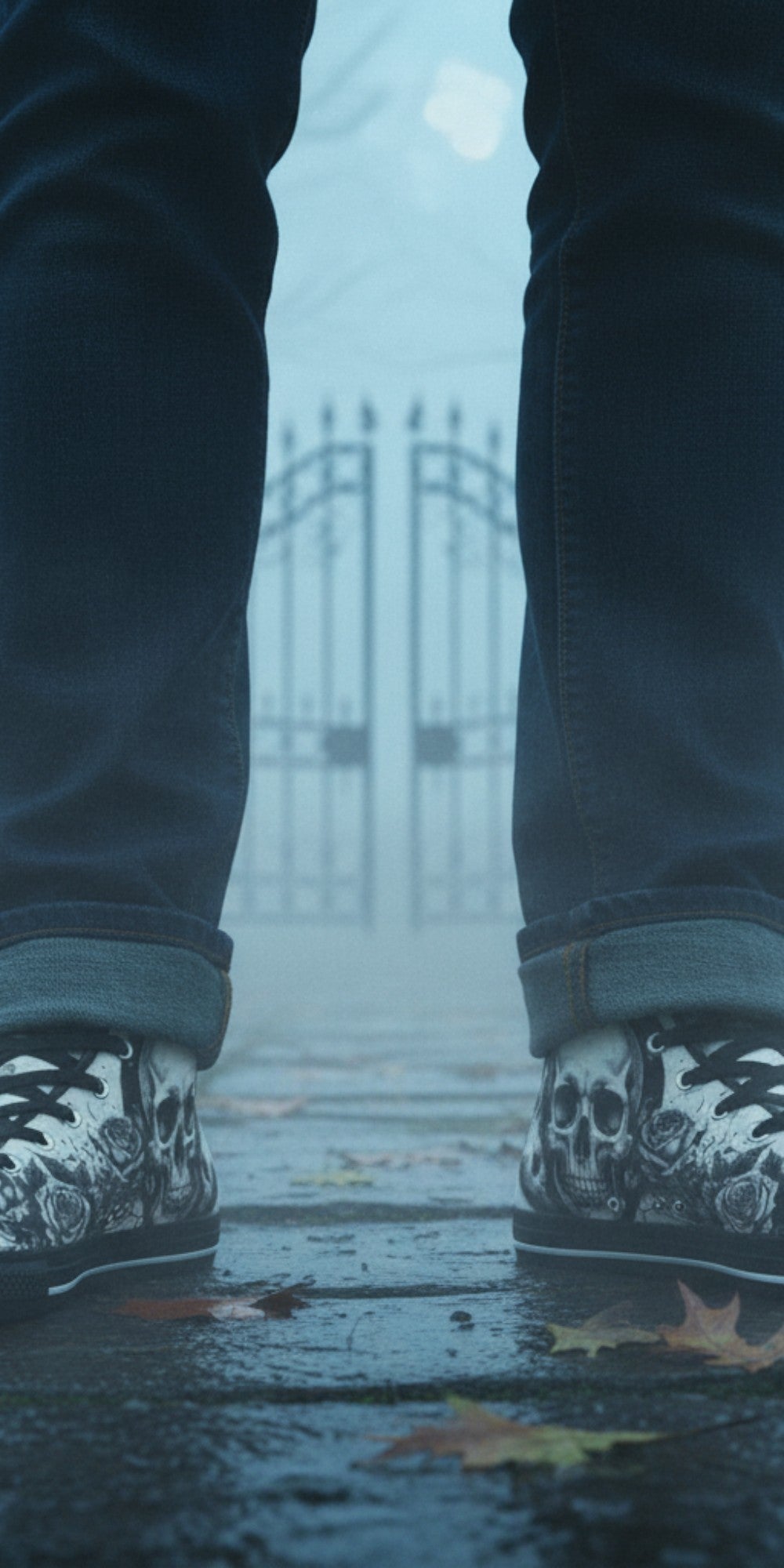 Freaky Shoes® grey skull and moon gothic canvas high top sneakers worn with dark jeans in a misty graveyard setting.