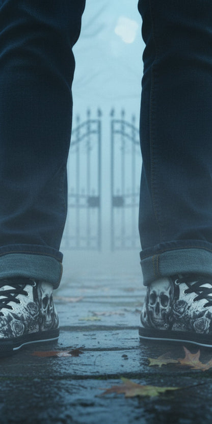 Freaky Shoes® grey skull and moon gothic canvas high top sneakers worn with dark jeans in a misty graveyard setting.
