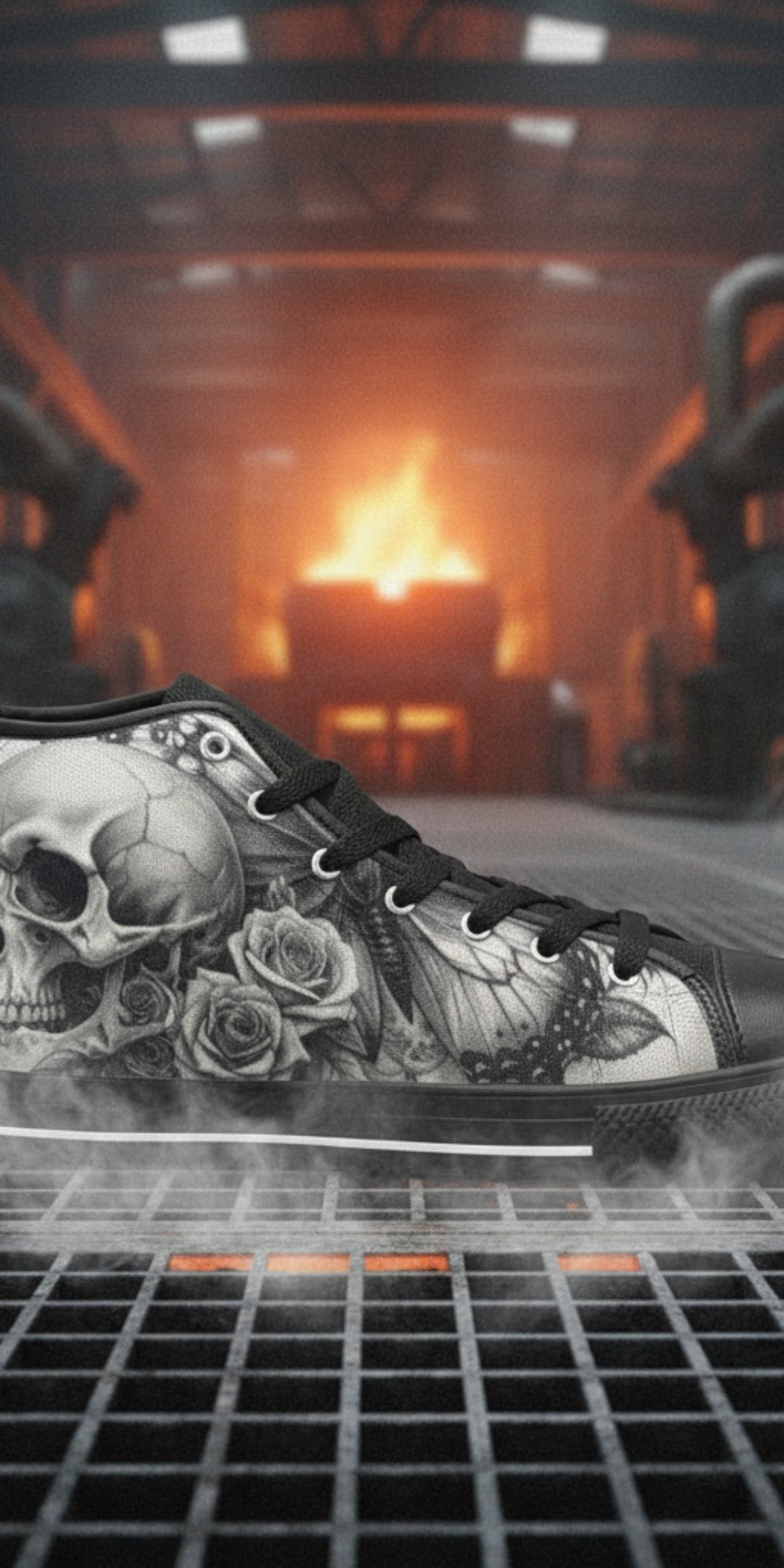 Men's Gothic Moon Skull Dark Art high-top canvas shoes — one-of-a-kind custom printed art, Freaky Shoes