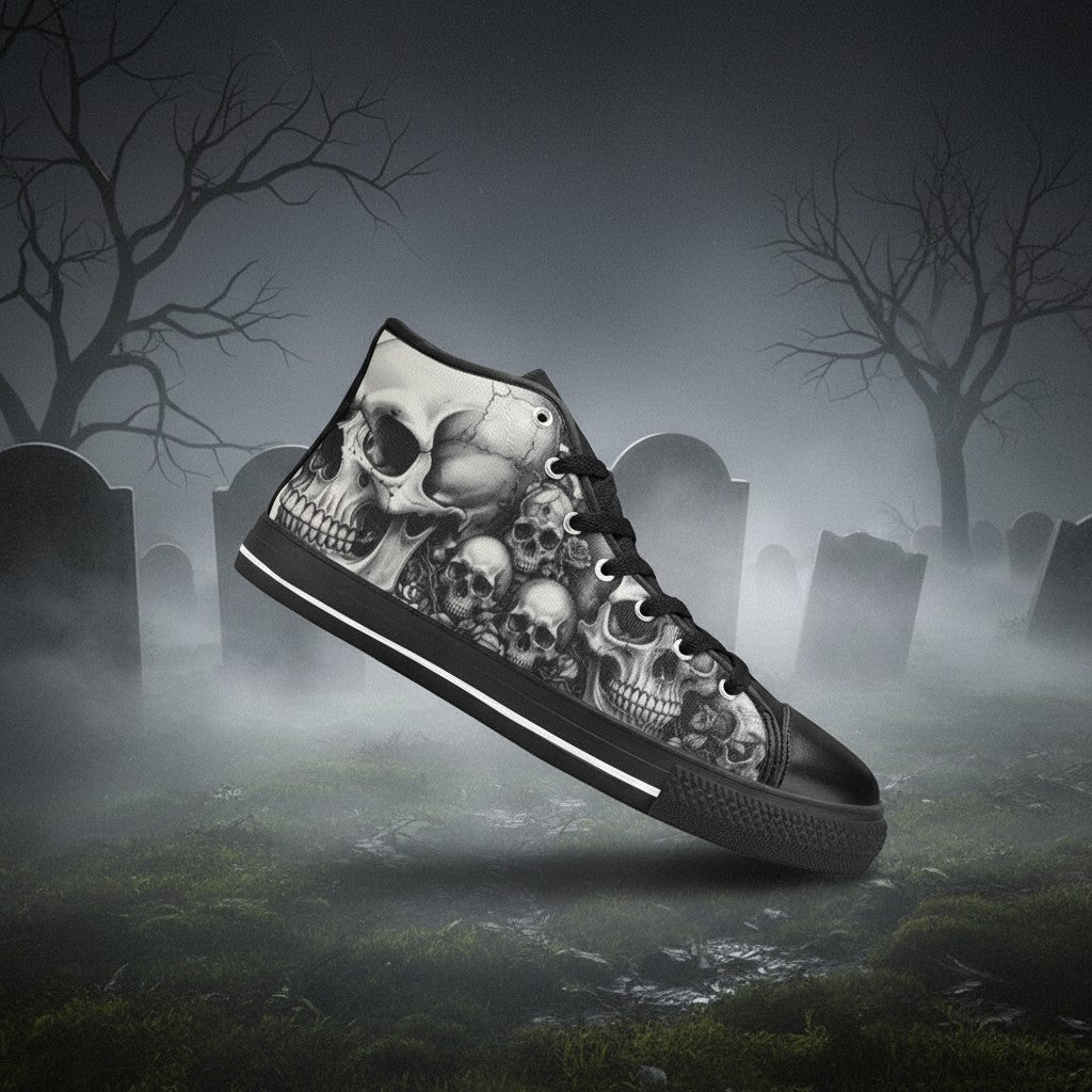 Women's Dark Rose Grey Skull Gothic high-top canvas shoes — one-of-a-kind custom printed art, Freaky Shoes