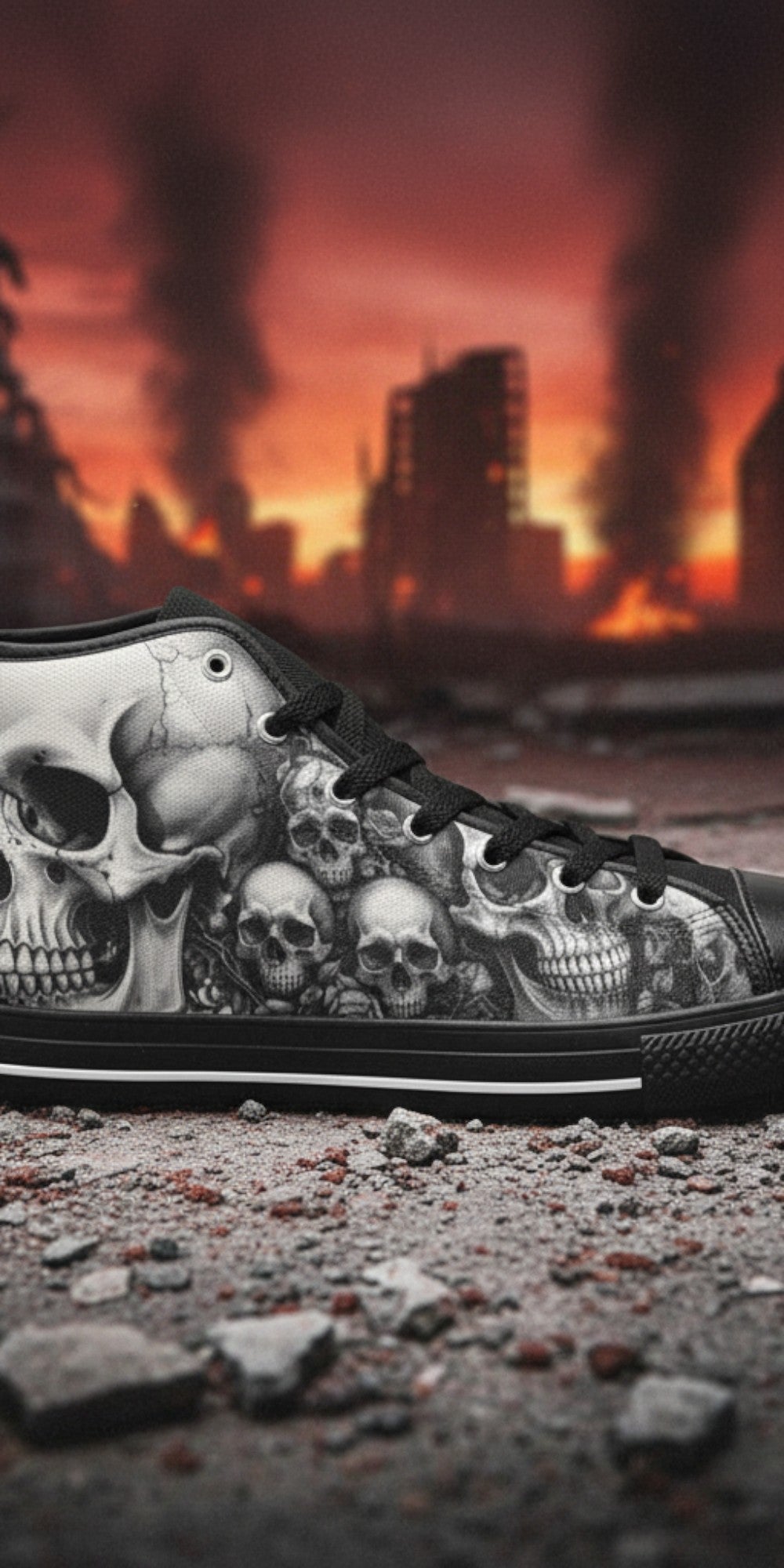 Men's Dark Gothic Moon Skull custom high-top canvas shoes — wearable art by Freaky Shoes