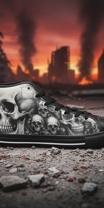 Men's Dark Gothic Moon Skull custom high-top canvas shoes — wearable art by Freaky Shoes