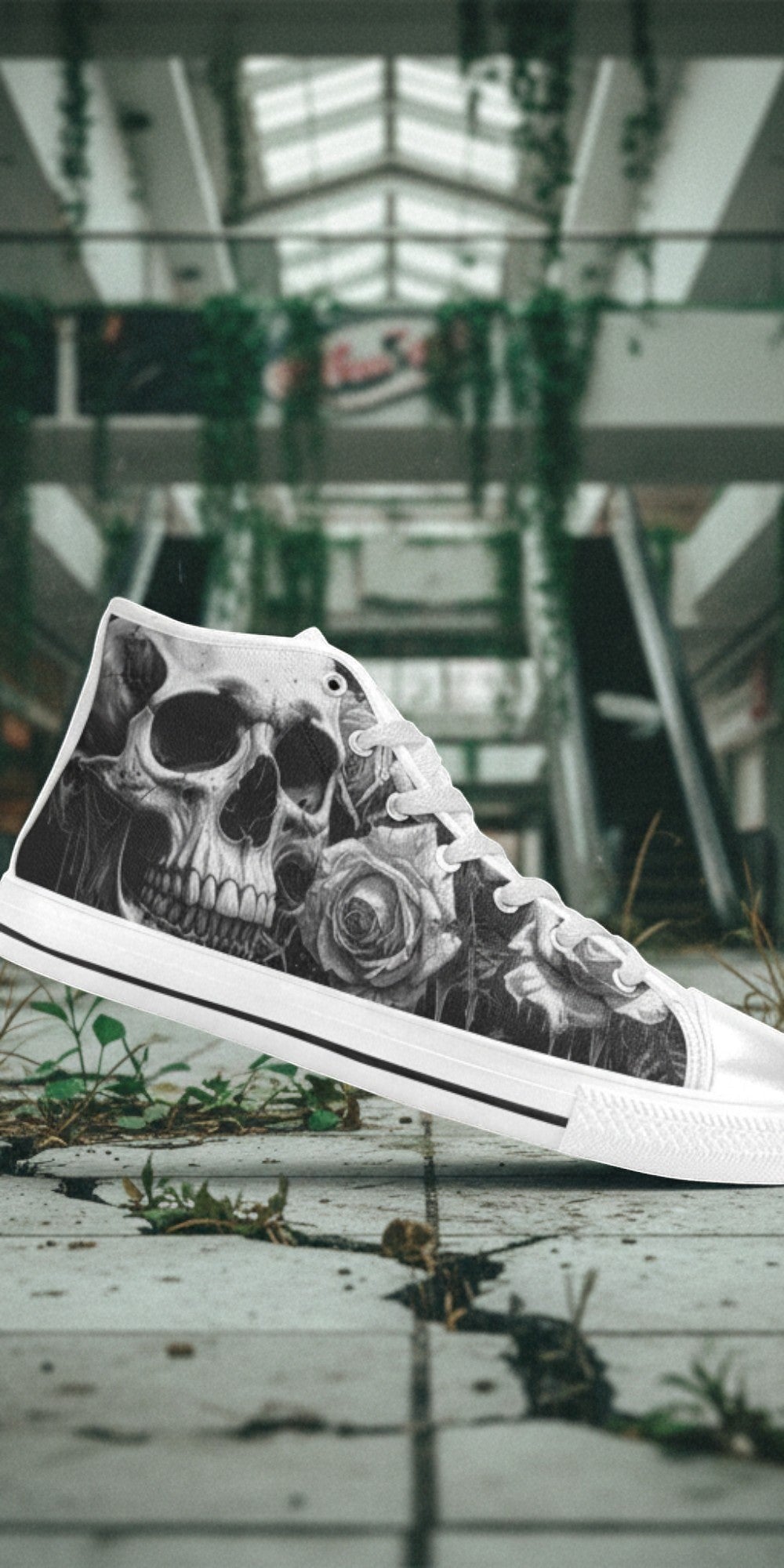 Freaky Shoes® men's gothic high top canvas sneakers featuring a detailed grey and black skull and rose print.
