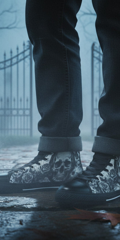 Freaky Shoes® gothic high top canvas sneakers with skull and moon art, worn with dark jeans in a misty graveyard.