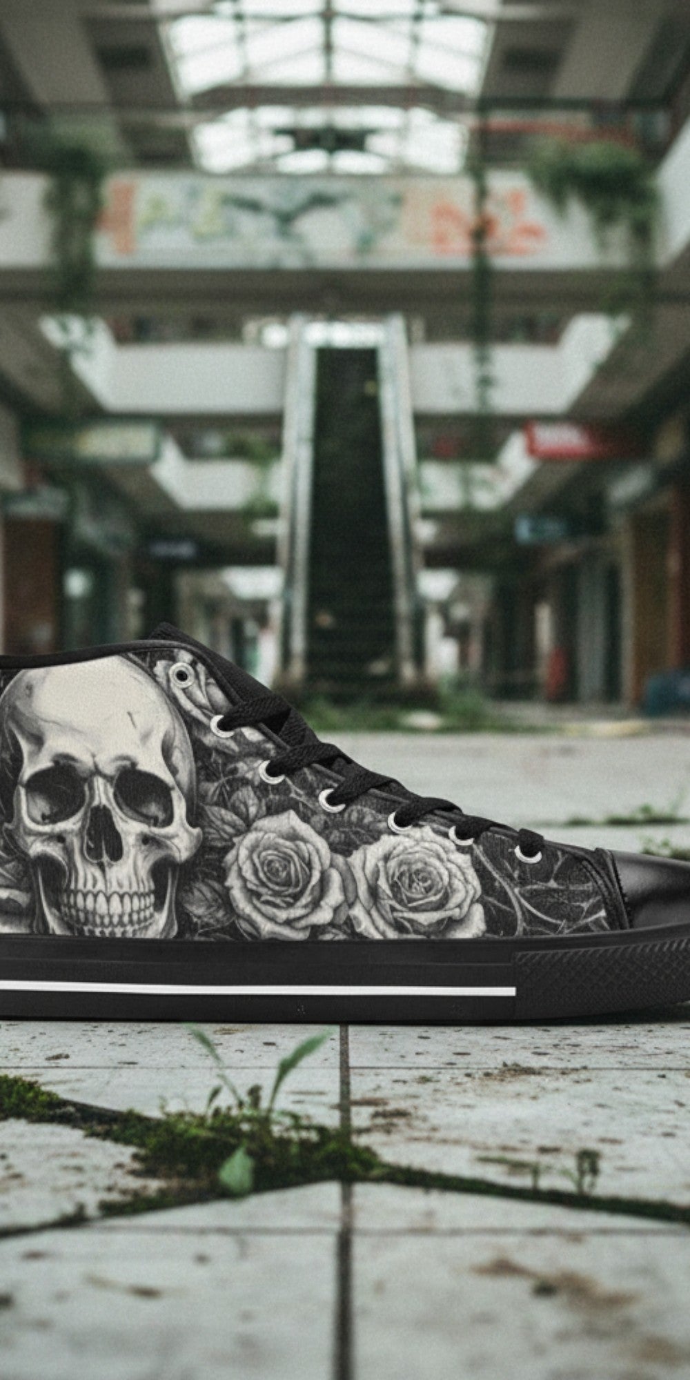 Men's Grey Skull & Wings Dark Gothic high-top canvas shoes, custom full-wrap printed design — Freaky Shoes