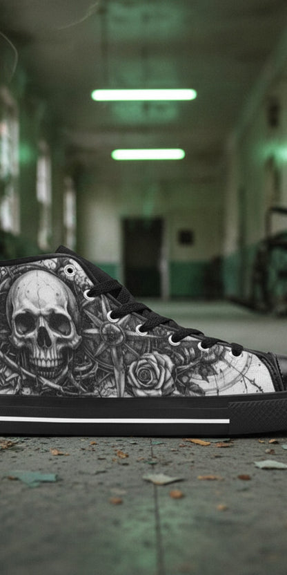 Men's Dark Gothic Art Skull high-top canvas shoes — one-of-a-kind custom printed art, Freaky Shoes