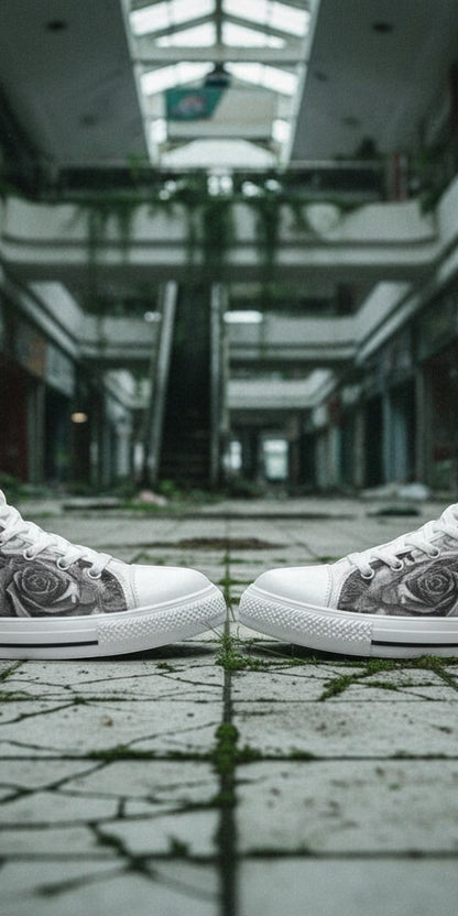 Freaky Shoes® gothic high top canvas sneakers featuring a detailed grey and black skull and rose print design.