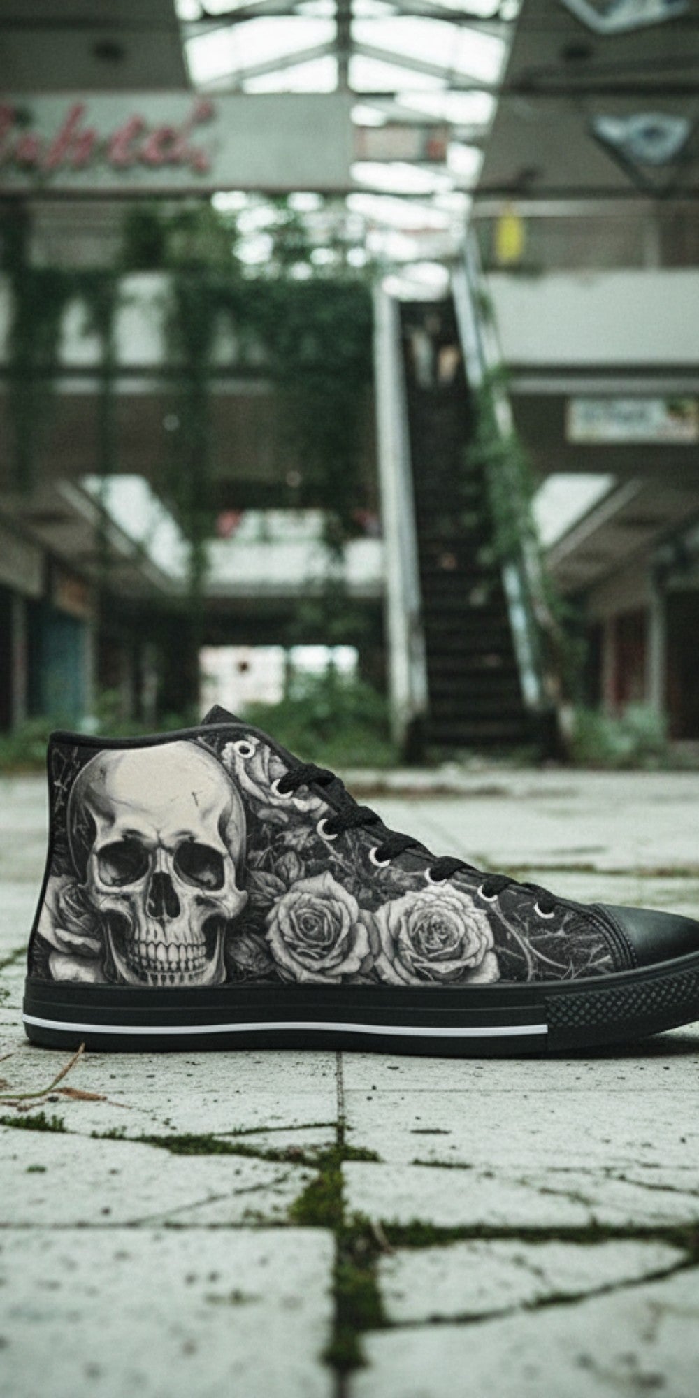 Men's Grey Skull & Wings Dark Gothic high-top canvas shoes — one-of-a-kind custom printed art, Freaky Shoes