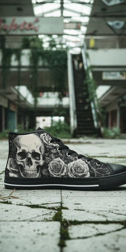 Men's Grey Skull & Wings Dark Gothic high-top canvas shoes — one-of-a-kind custom printed art, Freaky Shoes