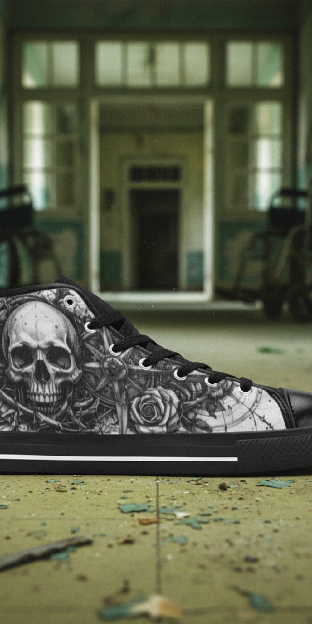 Men's Dark Gothic Art Skull custom high-top canvas shoes — wearable art by Freaky Shoes