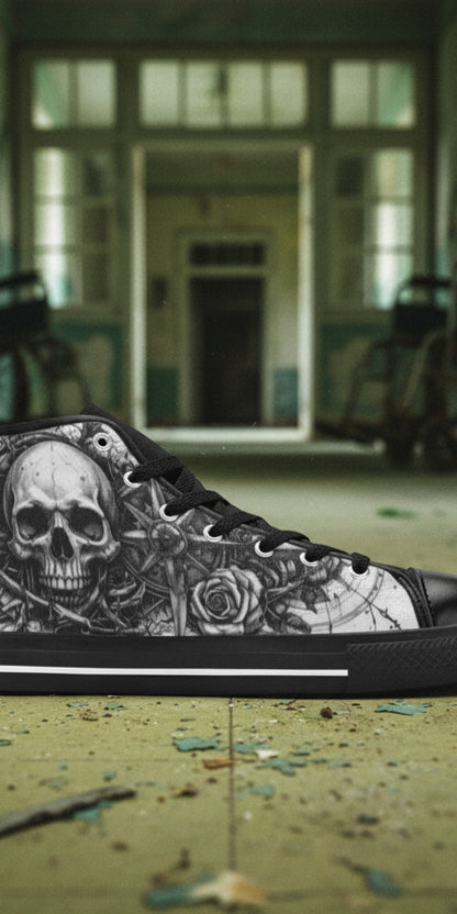 Men's Dark Gothic Art Skull custom high-top canvas shoes — wearable art by Freaky Shoes