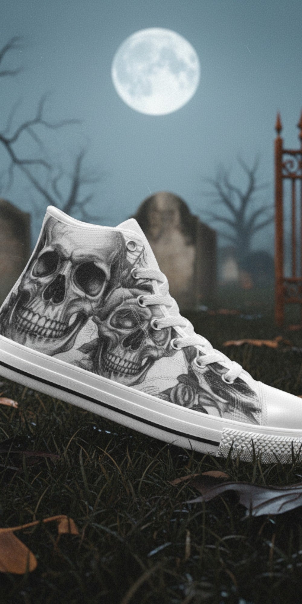 Custom Men's Gothic Dark Skull Art high-top canvas shoes with bold all-over art — Freaky Shoes