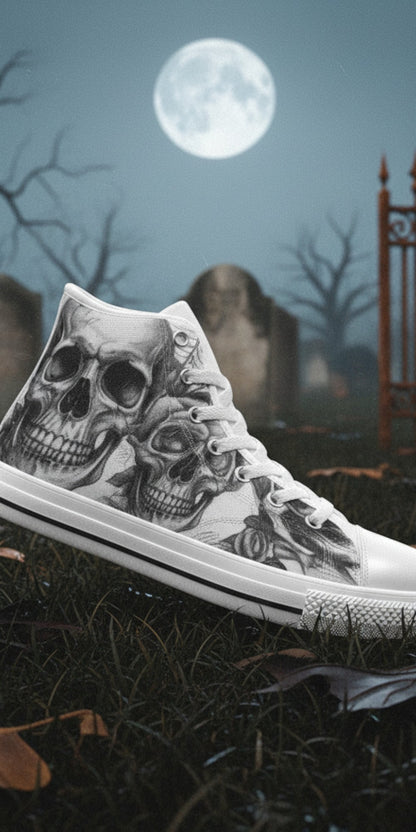 Custom Men's Gothic Dark Skull Art high-top canvas shoes with bold all-over art — Freaky Shoes