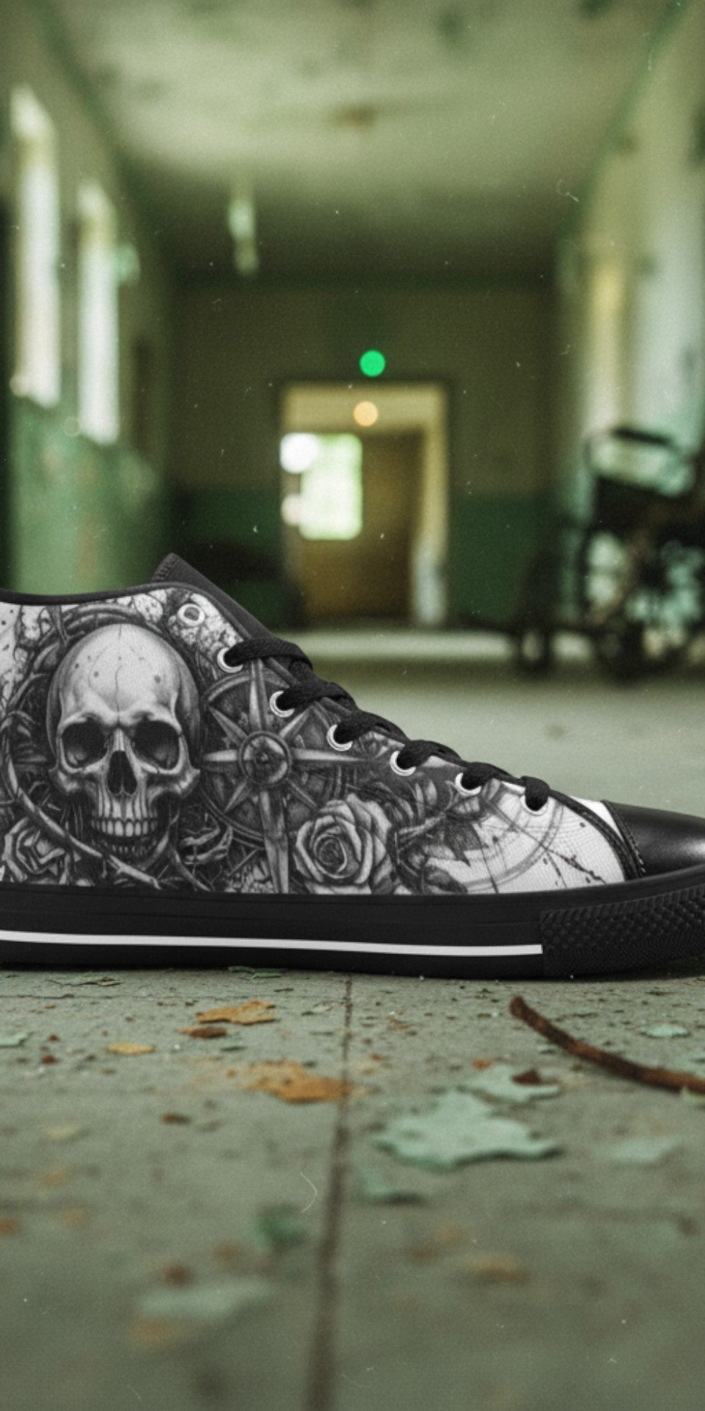 Men's Dark Gothic Art Skull hand-made high-top canvas shoes — unique wearable art by Freaky Shoes