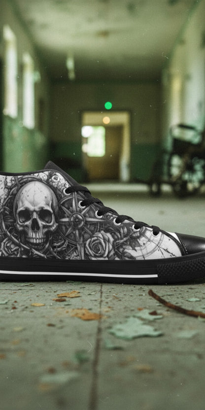 Men's Dark Gothic Art Skull hand-made high-top canvas shoes — unique wearable art by Freaky Shoes