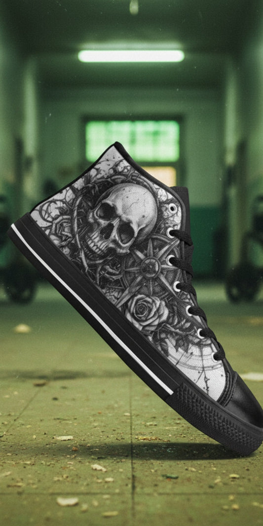 Freaky Shoes® men's high top canvas sneakers featuring a dark gothic skull, rose, and compass art print.