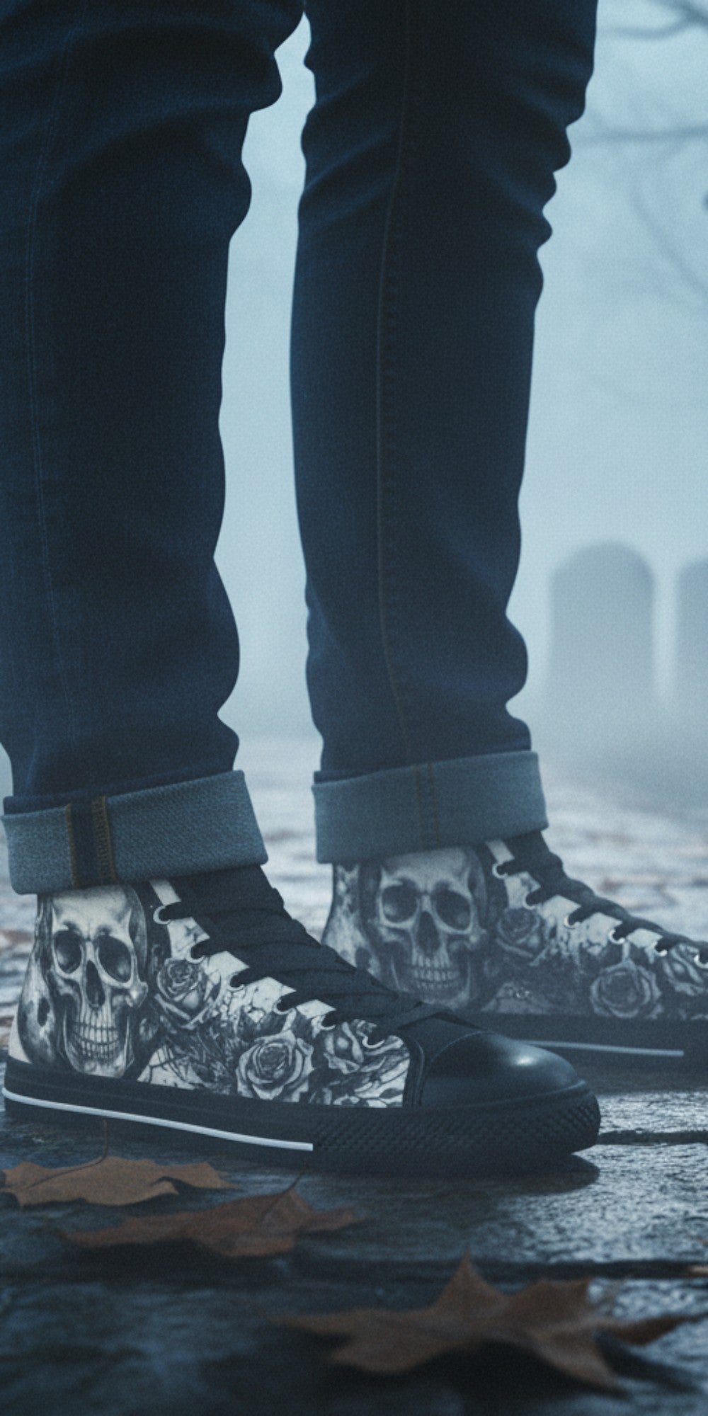 Freaky Shoes® gothic high top canvas sneakers with skull and rose print, worn with dark jeans in a misty graveyard.