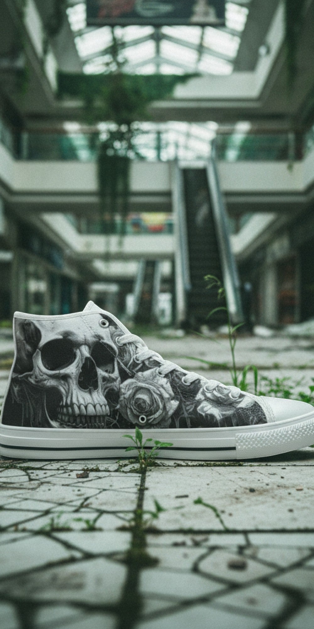 Freaky Shoes® high top canvas sneakers featuring a gothic grey and black skull and rose print in an abandoned mall.