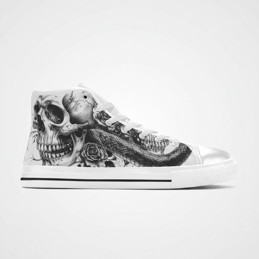 Freaky Shoes® women's high-top canvas sneakers featuring a black and white gothic skull, snake, and rose art print.