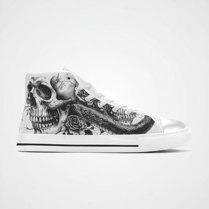 Freaky Shoes® women's high-top canvas sneakers featuring a black and white gothic skull, snake, and rose art print.