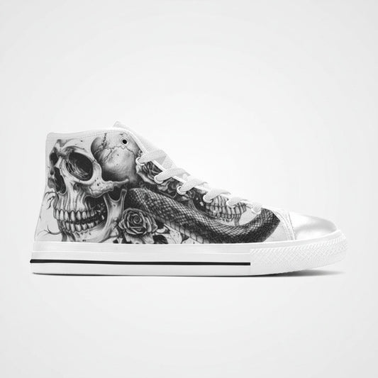 Freaky Shoes® women's high-top canvas sneakers featuring a black and white gothic skull, snake, and rose art print.