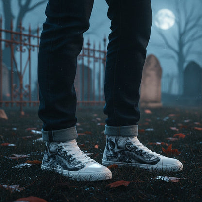 Freaky Shoes® gothic skull and rose print high-top canvas sneakers worn in a dark, atmospheric graveyard setting.