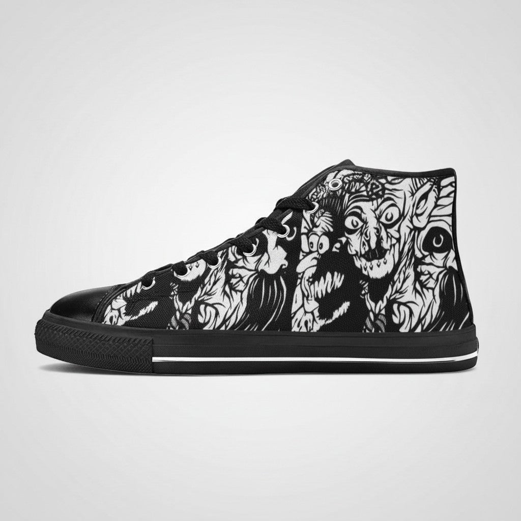 Freaky Shoes® high-top canvas sneakers featuring black and white gothic skull artwork in a side profile view.