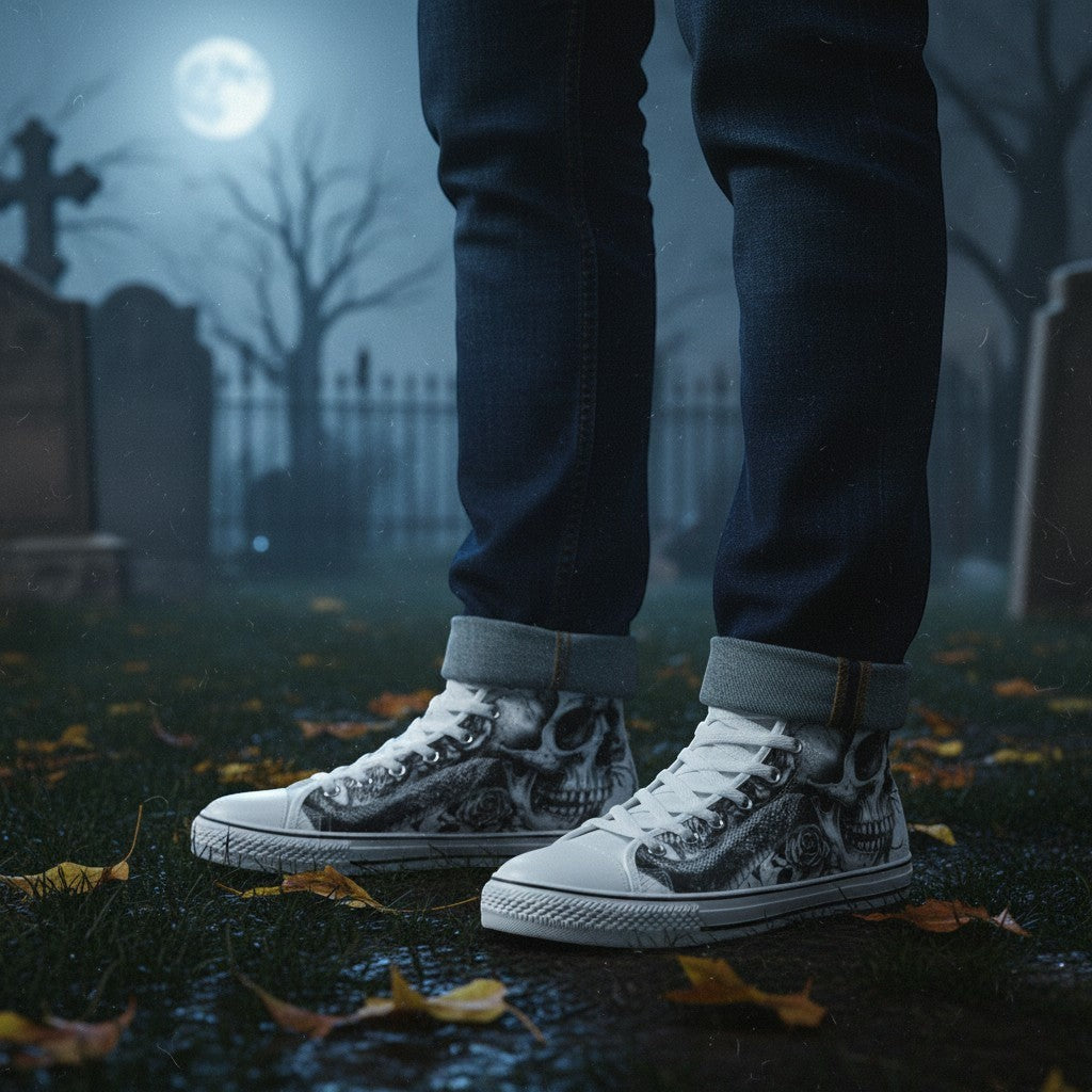 Freaky Shoes® gothic skull and rose print high-top canvas sneakers worn in a dark, misty graveyard setting.