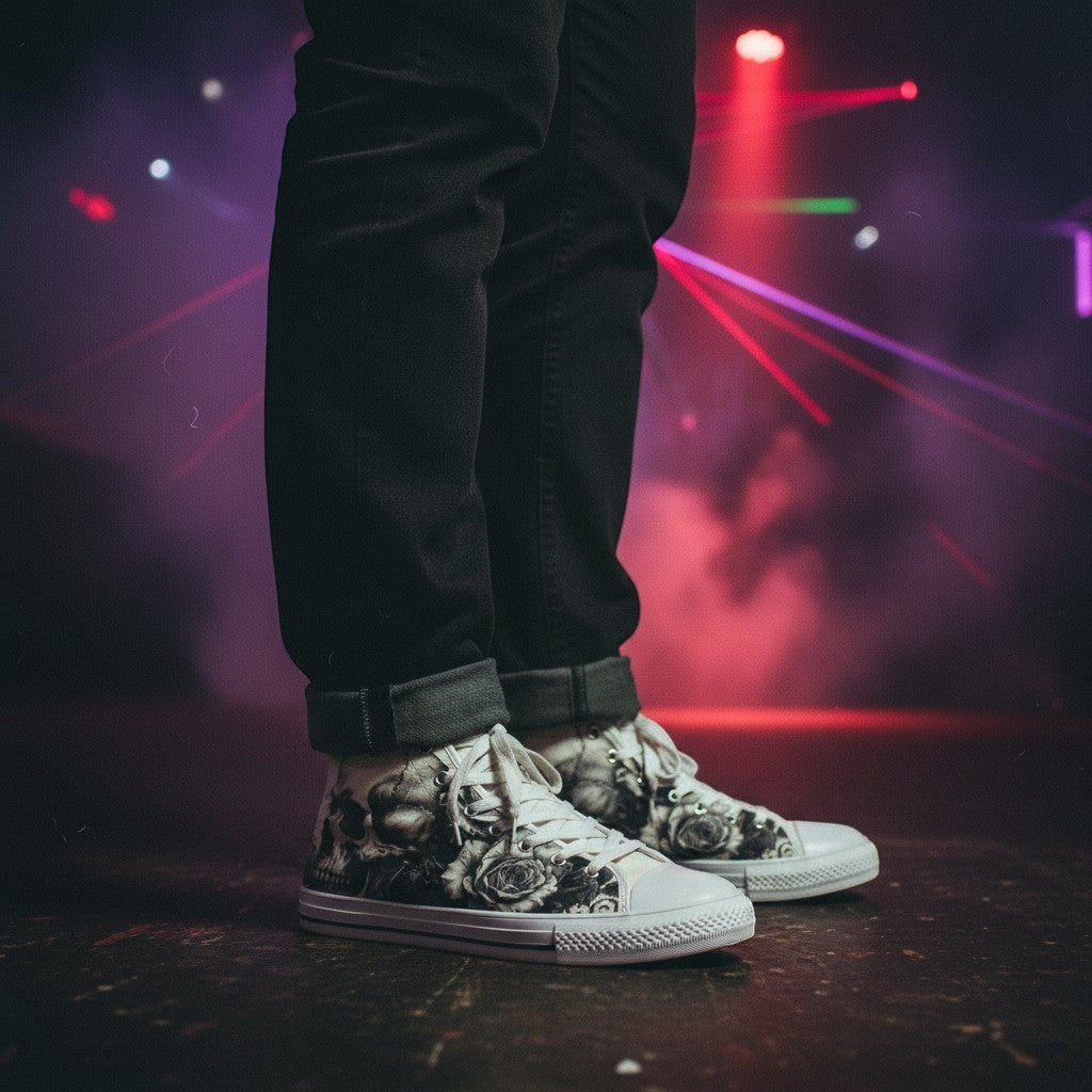 Freaky Shoes® high-top canvas sneakers featuring black and white gothic skull and rose art in a dark club setting