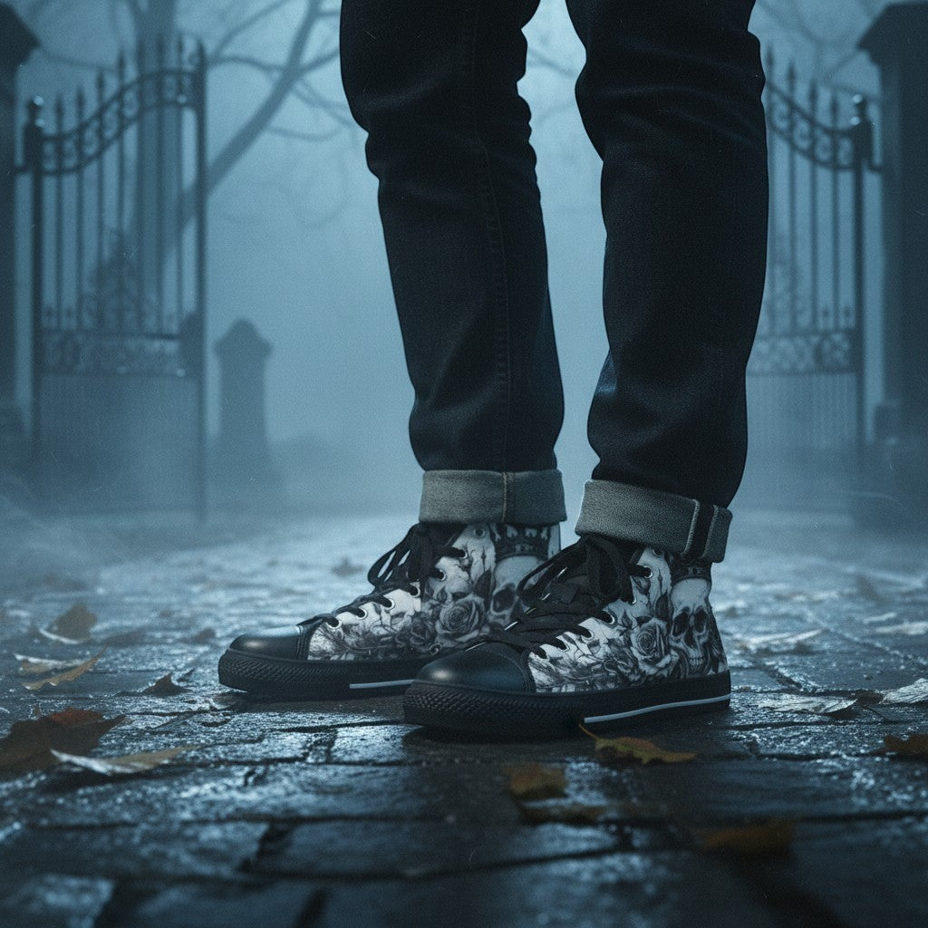Freaky Shoes® gothic high-top canvas sneakers featuring a black and white horror skull and rose print design.