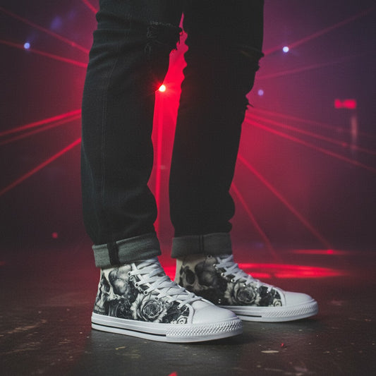 Freaky Shoes® black and white high-top canvas sneakers featuring gothic skull and rose art worn with black jeans