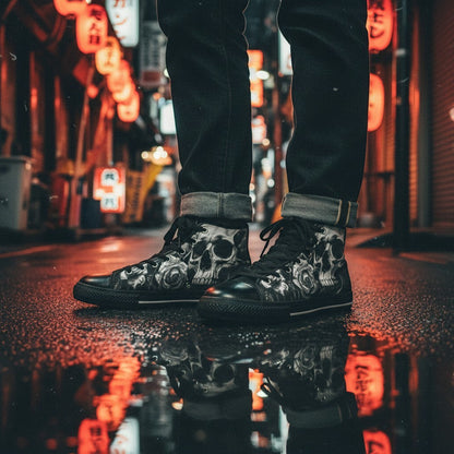Freaky Shoes® women's high-top canvas sneakers featuring a dark gothic skull art print on a wet city street at night