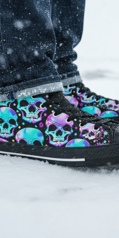 Freaky Shoes® men's high top canvas sneakers featuring a vibrant neon skull gothic art print on a snowy background.