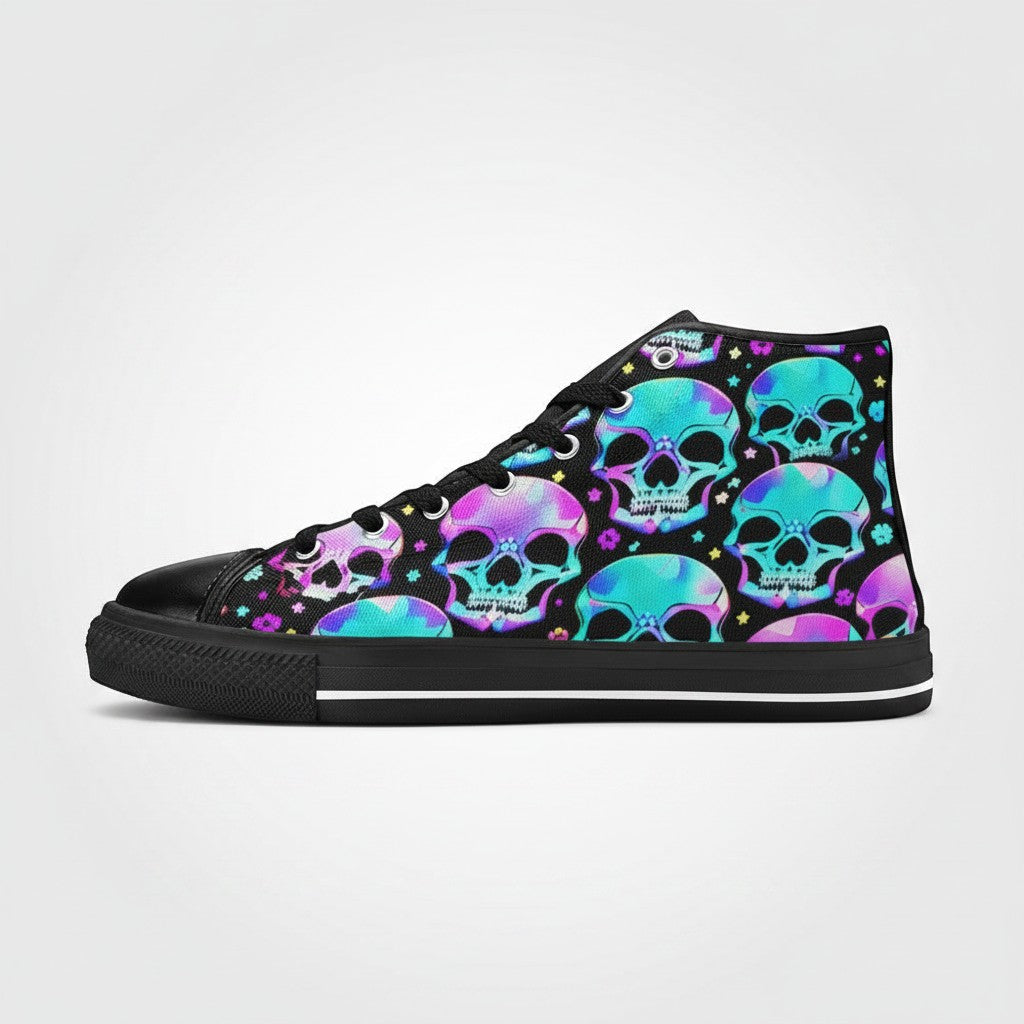 Freaky Shoes® men's high-top canvas sneakers featuring a vibrant, multi-colored skull gothic art print on a black base.