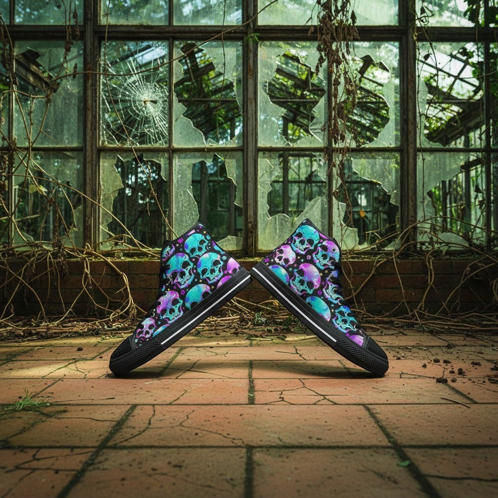 Freaky Shoes® men's high-top canvas sneakers featuring a vibrant, multi-colored skull gothic art print on a dark background.