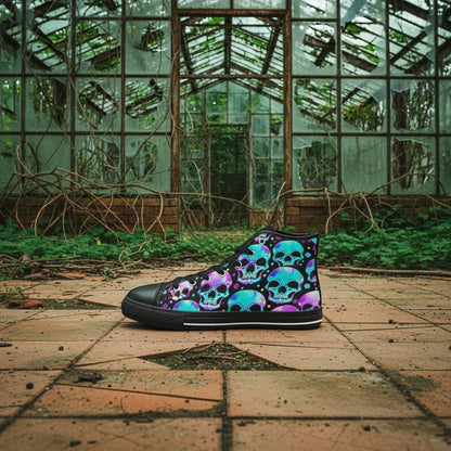 Freaky Shoes® men's high-top canvas sneakers featuring a vibrant, colorful skull gothic art print on a dark background