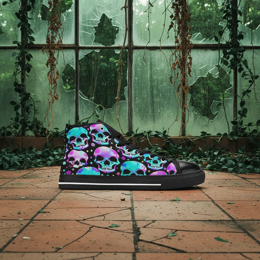 Freaky Shoes® men's high-top canvas sneakers featuring a vibrant, colorful skull pattern on a dark gothic background.