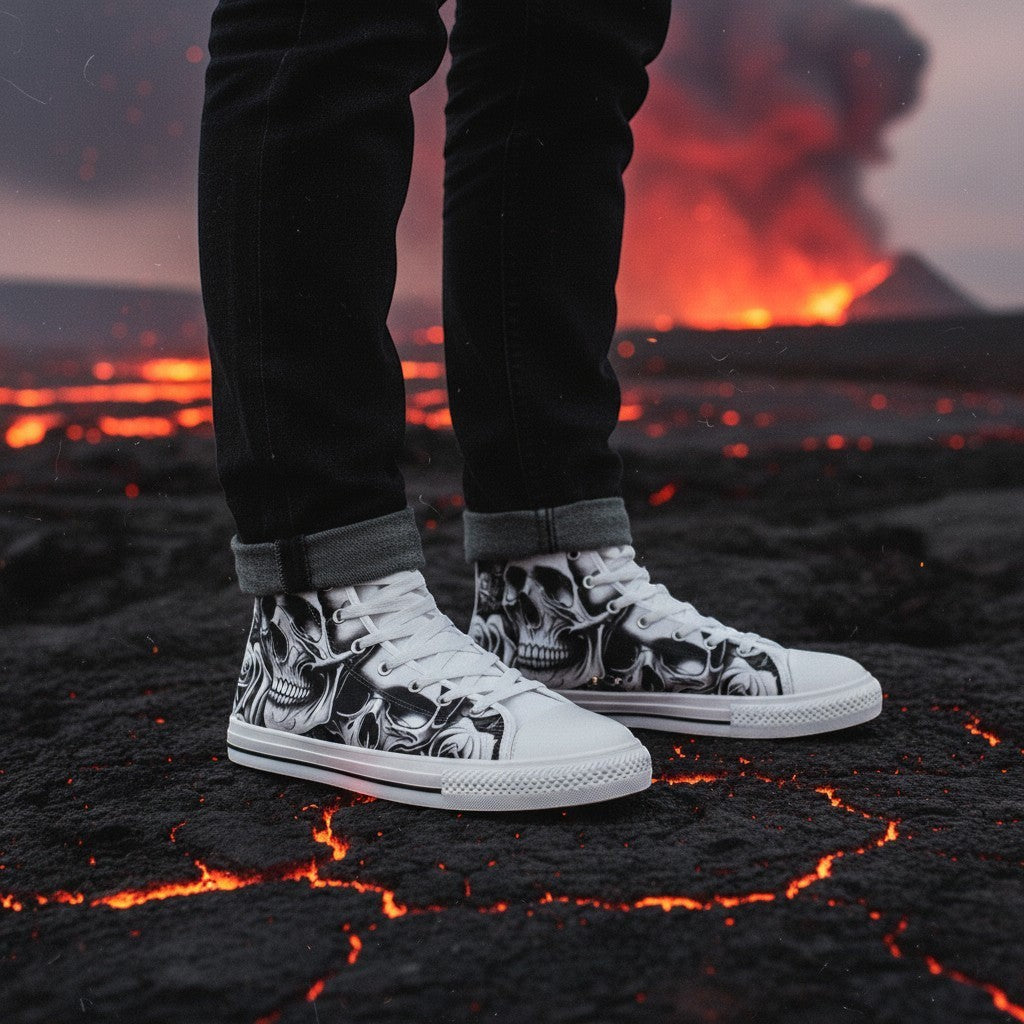 Freaky Shoes® women's high-top canvas sneakers featuring a gothic cartoon skull and rose print on volcanic terrain.
