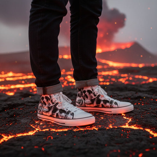 Freaky Shoes® women's high-top canvas sneakers featuring a gothic cartoon skull and rose print on a volcanic landscape