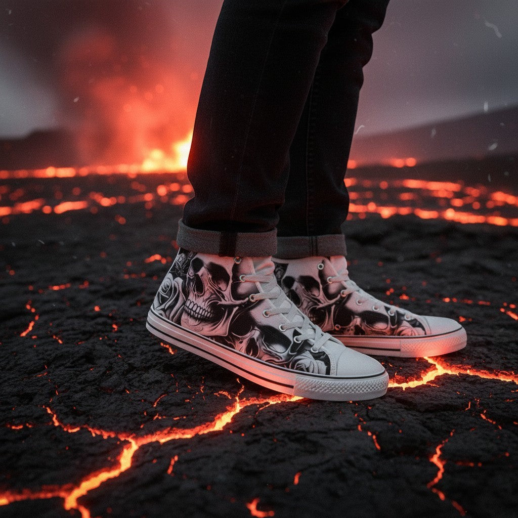 Freaky Shoes® high-top canvas sneakers featuring a gothic cartoon skull and rose print, worn on volcanic terrain.