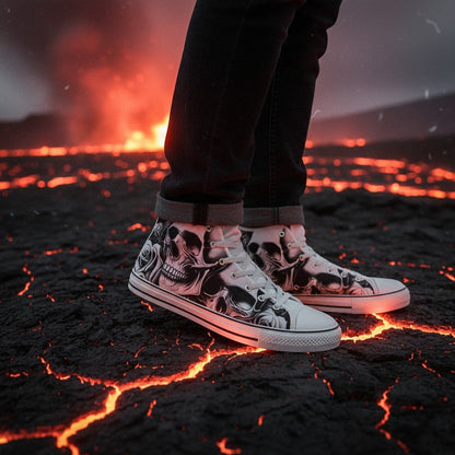 Freaky Shoes® high-top canvas sneakers featuring a gothic cartoon skull and rose print, worn on volcanic terrain.