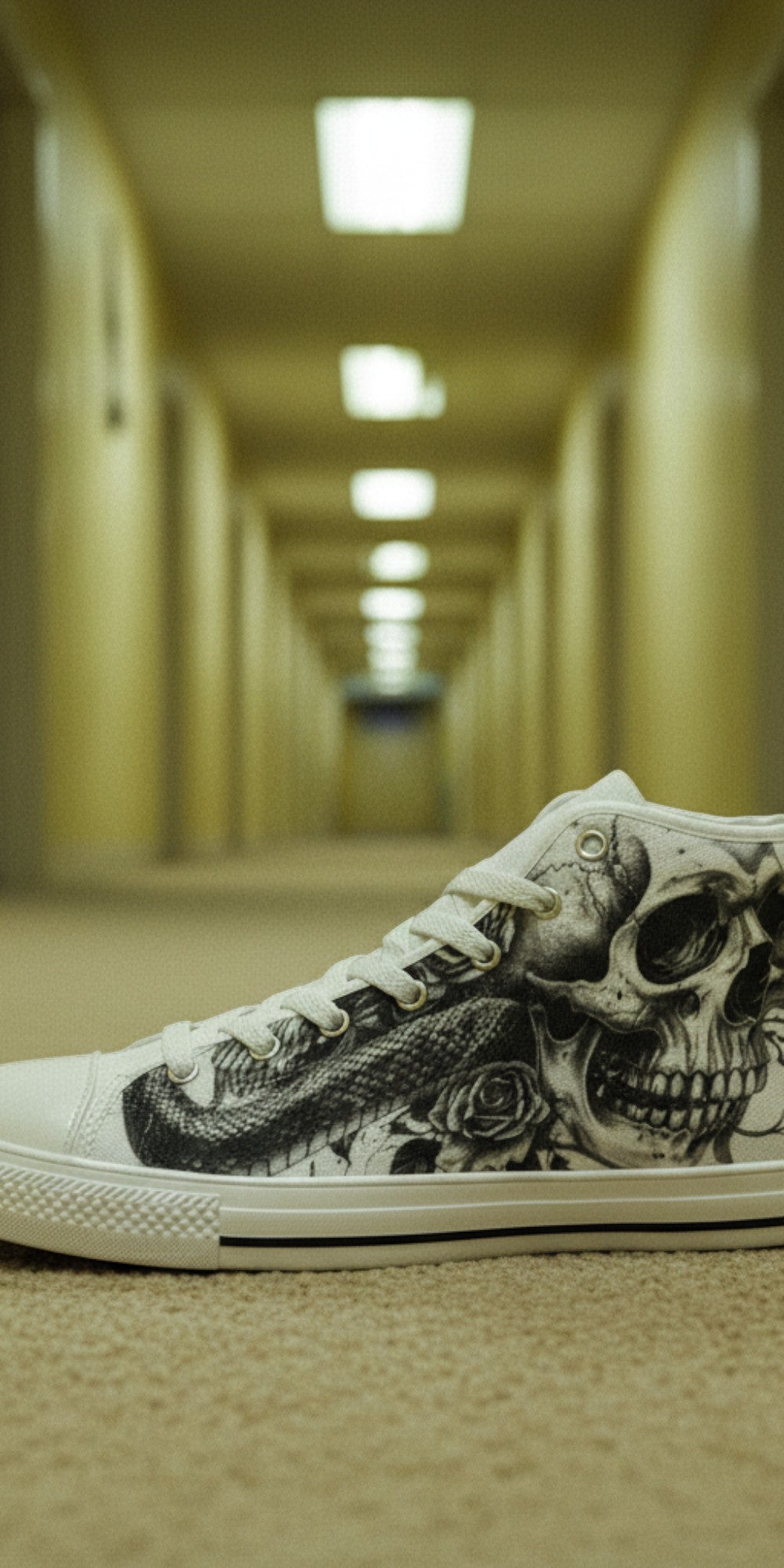Custom Men's Skull Dark Art Gothic high-top canvas shoes with bold all-over art — Freaky Shoes