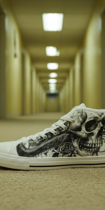 Custom Men's Skull Dark Art Gothic high-top canvas shoes with bold all-over art — Freaky Shoes