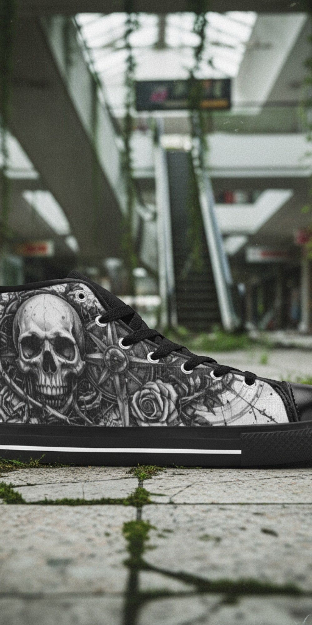 Women's Dark Gothic Skull high-top canvas shoes — one-of-a-kind custom printed art, Freaky Shoes