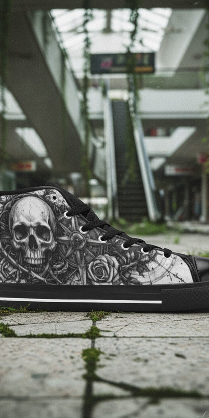 Women's Dark Gothic Skull high-top canvas shoes — one-of-a-kind custom printed art, Freaky Shoes