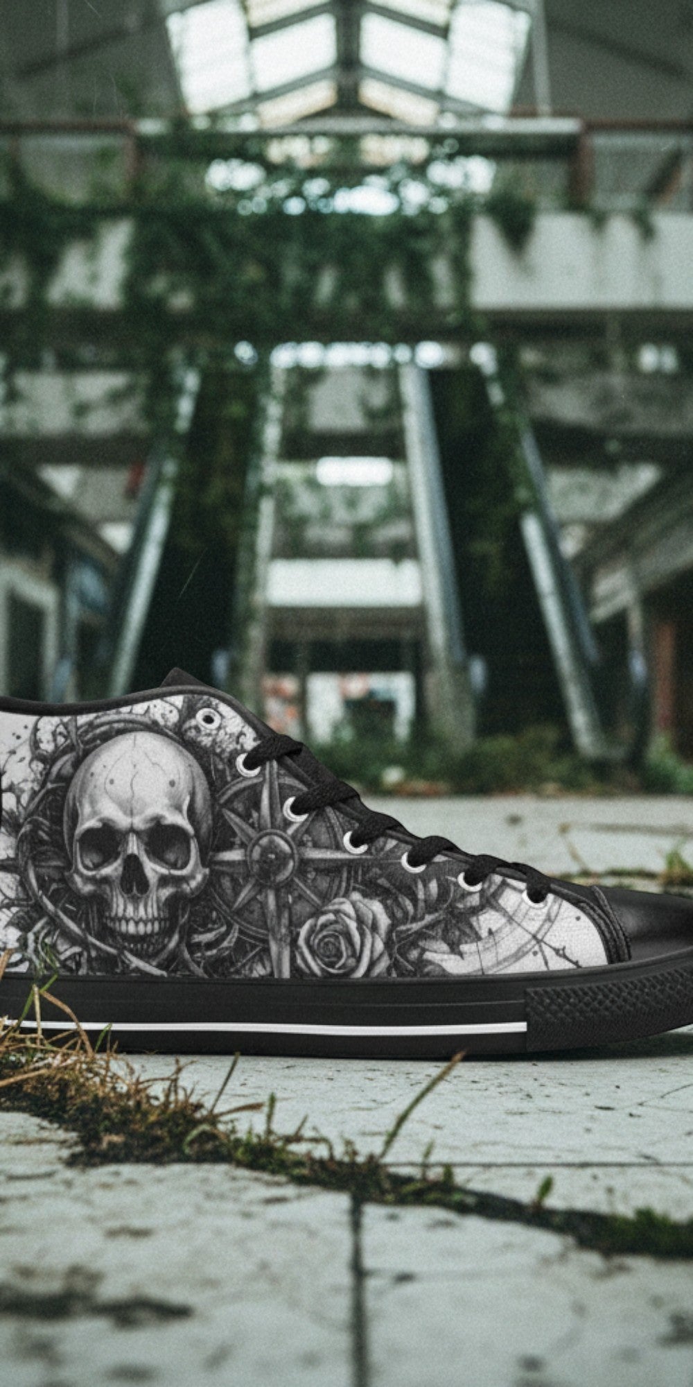 Women's Dark Gothic Skull hand-made high-top canvas shoes — unique wearable art by Freaky Shoes
